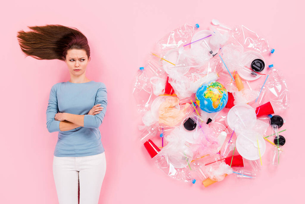 Top view above high angle flat lay flatlay lie concept of her she nice attractive volunteer moody girl folded arms decision choice plastic refusal ecology isolated over pink pastel color background - Photo, Image