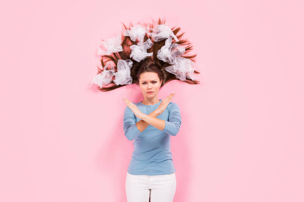 Stop putting earth. Top above high angle view photo of serious activist woman cross hands tell no plastic bags wear jumper sweater lay isolated over pastel color background - Valokuva, kuva