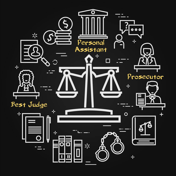Vector black line banner of legal procedures - κλίμακες δικαιοσύνης εικονίδιο - Διάνυσμα, εικόνα
