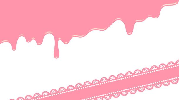 とろけるようなピンクストロベリーチョコレートの背景とレースリボンのセット. - ベクター画像