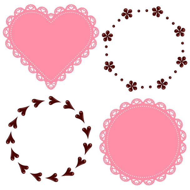 A set of heart-shaped and circular lace fabric frames and chocolate decoration frames. - Vektori, kuva