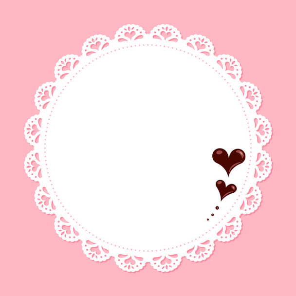Pink background with chocolate decoration on a circular lace fabric frame. - Vector, Image