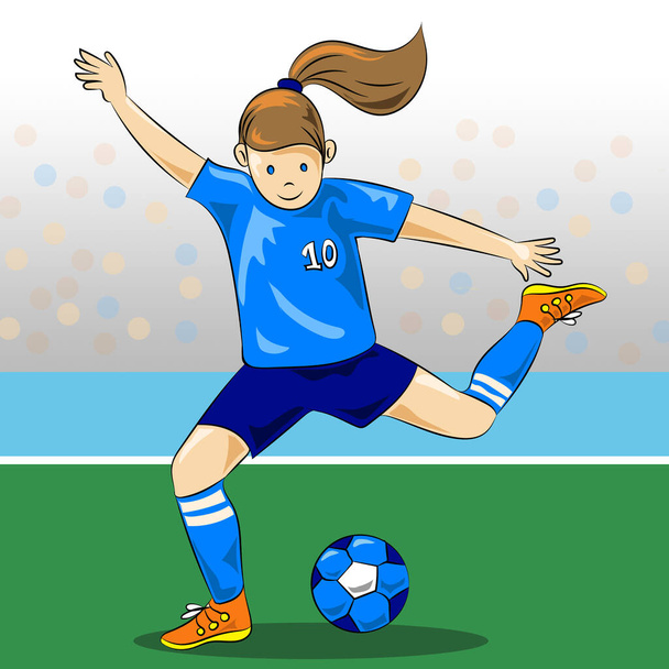 νεαρό κορίτσι που παίζει ποδόσφαιρο με μπλε στολή - Φωτογραφία, εικόνα