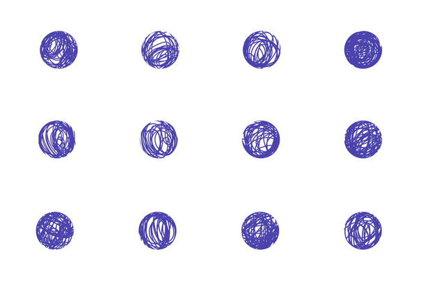 Set di cerchi disegnati a mano in stile grunge. Collezione di forme rotonde abbozzate, bolle originali. Disegno a mano libera. Semplice linea d'arte elementi di design. Isolato su bianco. Illustrazione vettoriale - Vettoriali, immagini