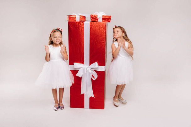 two little girls with Christmas gifts on a white background and a huge gift. - Photo, Image