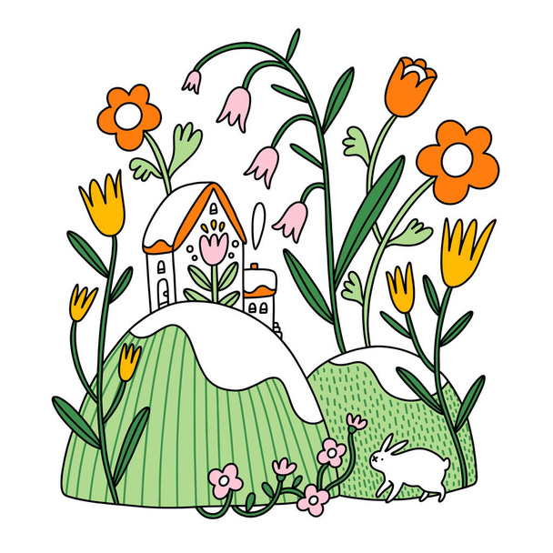 イースター組成、白の背景に隔離された家とウサギと花の春のベクトルイラスト - ベクター画像