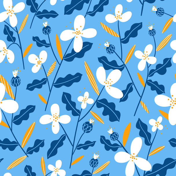 Humor de invierno abstracto flores blancas, amarillas y azules, patrón sin costuras vectoriales sobre fondo azul claro - Vector, Imagen