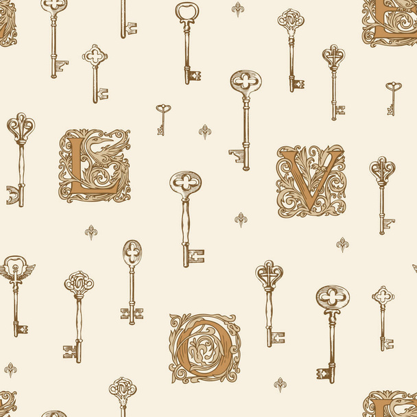 Seamless pattern on the theme of love with vintage keys and initial letters L O V E in retro style. Abstract vector background with hand-drawn illustrations. Wallpaper, wrapping paper, fabric - Vecteur, image