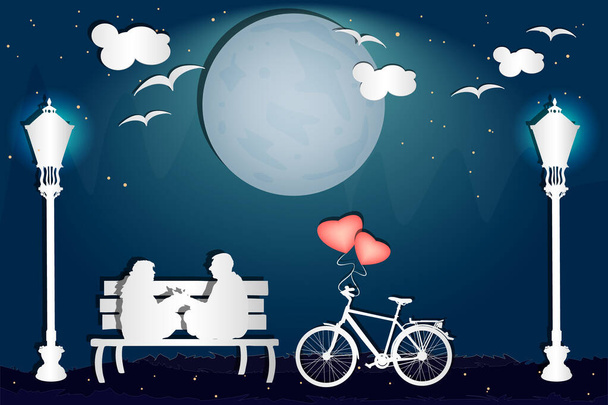 Couple sitting on a bench in the park in love atmosphere. Valentine's day card with romantic couple and bike in paper art style. Happy Lovers. Romantic silhouette of loving couple in Valentines night. Be my Valentine. Stock vector illustration - Vector, Image