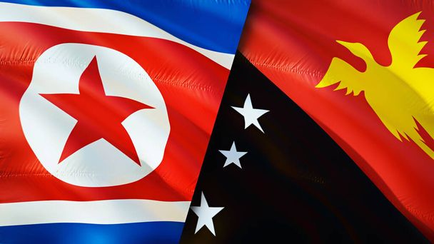 Флаги Северной Кореи и Папуа-Новой Гвинеи. 3D Wawing дизайн флага. Флаг Северной Кореи Папуа - Новой Гвинеи, фото, обои. Северная Корея против Папуа - Новой Гвинеи, 3D рендеринг. Северная Корея Папуа - Новая Гвине - Фото, изображение