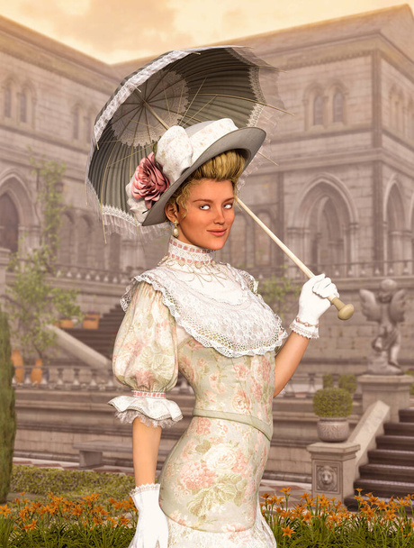 Elegante vrouw in de stijl van Jane Austen die op een zonnige dag een binnenplaats wandelt, regentsjurk, 3d rende - Foto, afbeelding