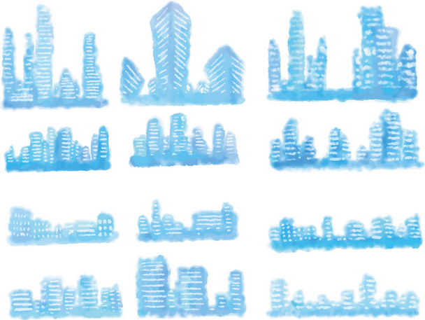 Διαφανές στυλ υδατογραφία, κτίριο σιλουέτα, μπλε - Διάνυσμα, εικόνα