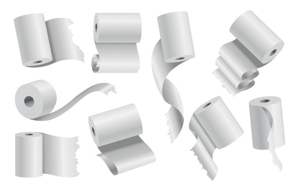 Realistyczny papier toaletowy lub ręcznik kuchenny rolki szablon makieta zestaw izolowane wektor ilustracji. Czysty biały obiekt 3D. Papier chłonny sanitarny, zwinięty wokół cylindra kartonowego - Wektor, obraz