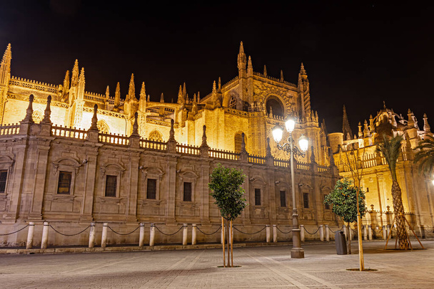 Sevillská katedrála sv. Marie ze Stolce (Catedral de Santa Maria de la Sede de Sevilla) osvětlená v noci - Fotografie, Obrázek