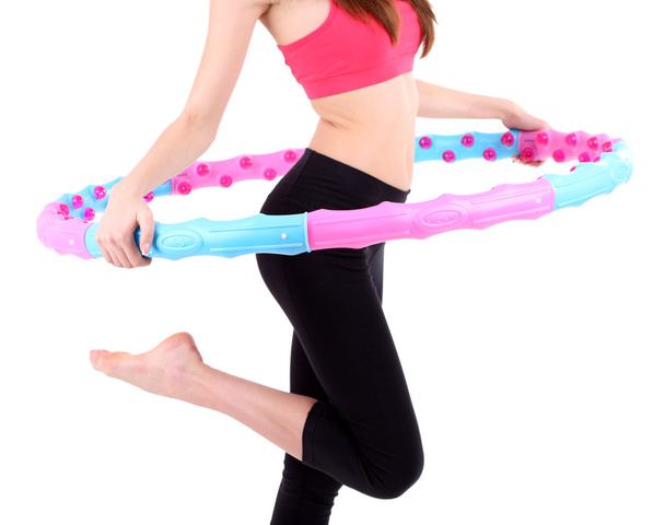 Woman doing exercises with hula hoop isolated on white - Photo, Image