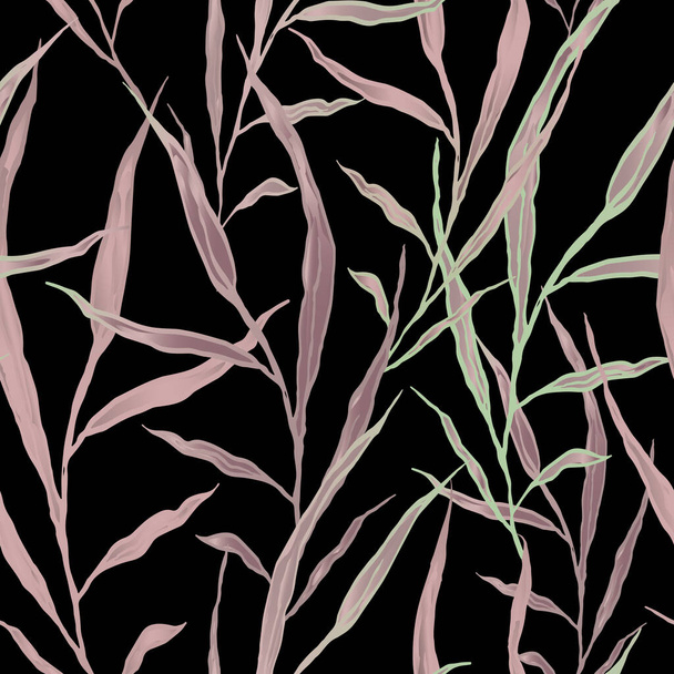 Seamless patterns. Black background. Natural oblong monochromatic leaves and twigs. Soft pink tones. Illustration. - Foto, afbeelding