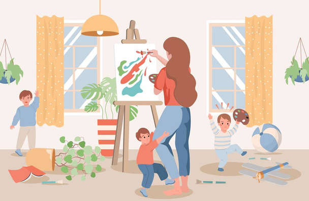 Young mother drawing abstract picture, children naughty and demanding attention vector flat illustration. - Vector, Image