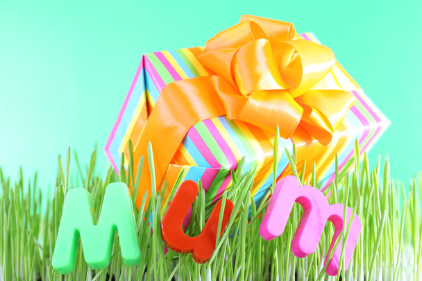 Gift box for mum on grass on color background - Foto, Imagen