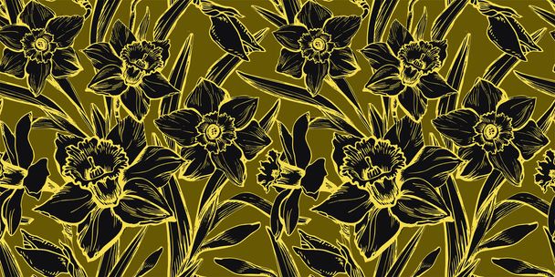 Daffodils flowers with Yellow Illuminating outline on khaki Gray. - Vector, Imagen