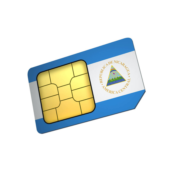 3D мобильный телефон сим-карты чип с флагом Никарагуа изолированы на белом фоне. 3D-рендеринг - Фото, изображение
