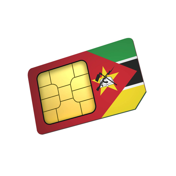 3D chip della scheda SIM del telefono cellulare con Bandiera del Mozambico isolato su uno sfondo bianco. 3d Rendering - Foto, immagini