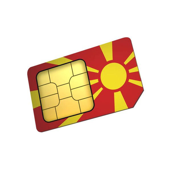 3D chip della carta SIM del telefono cellulare con la bandiera della Macedonia isolato su uno sfondo bianco. 3d Rendering - Foto, immagini