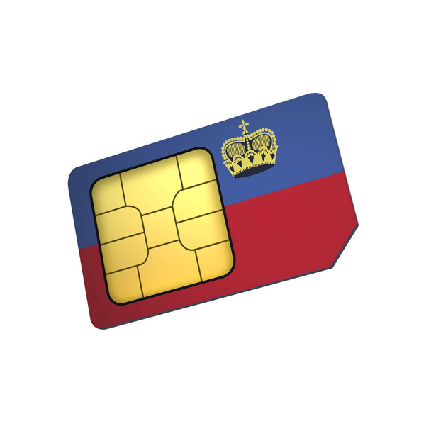 3D мобильный телефон сим-карты чип с флагом Лихтенштейна изолированы на белом фоне. 3D-рендеринг - Фото, изображение