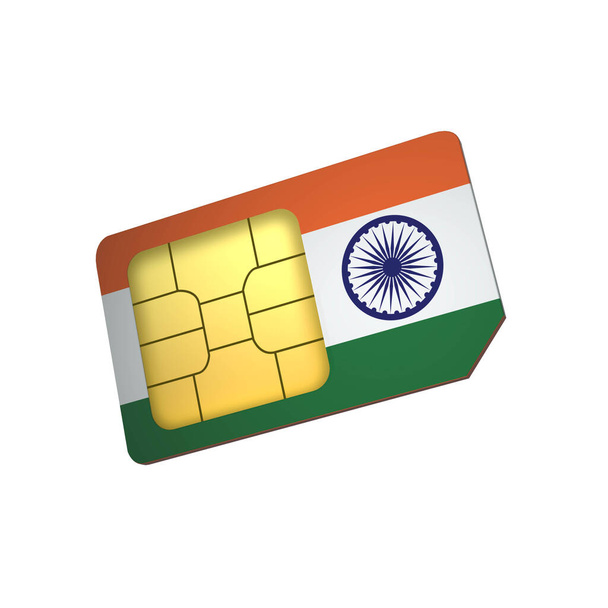 Chip de tarjeta SIM de teléfono móvil 3D con bandera de la India aislado sobre un fondo blanco. Renderizado 3d - Foto, imagen