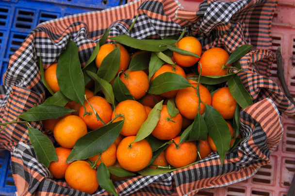 Szekrény néhány érett mandarin most szedett le a fáról egy gyümölcsös láda díszített kockás ruhával - Fotó, kép