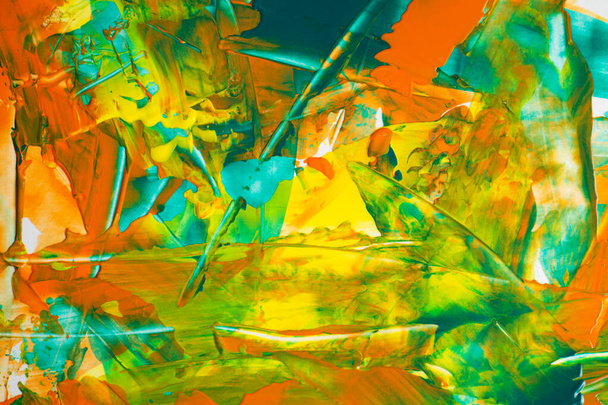 Część malarstwa olejnego. Abstrakcyjny obraz akrylowy. Abstrakcyjne tło. Zielony pomarańczowy Olej tekstury farby. Uderzenia farby - Zdjęcie, obraz