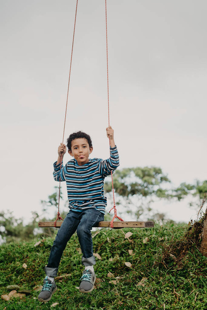 African American boy swinging on a swing in nature - Photo, Image