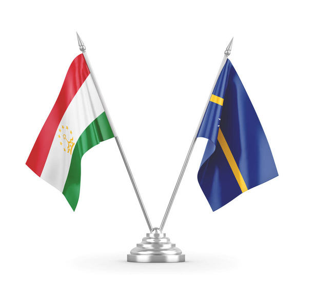 Bandiere da tavolo Nauru e Tagikistan isolate su rendering 3D bianco - Foto, immagini