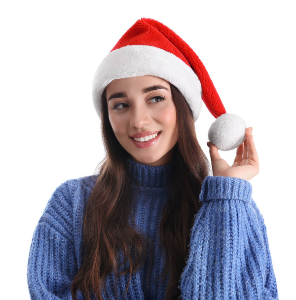 Beautiful woman wearing Santa Claus hat on white background - Foto, imagen