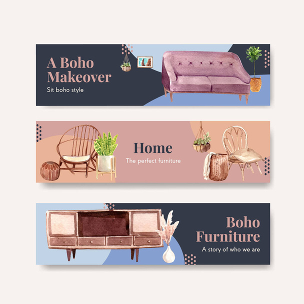 Banner template with boho furniture concept design for advertise and marketing watercolor vector illustration - Vector, Image