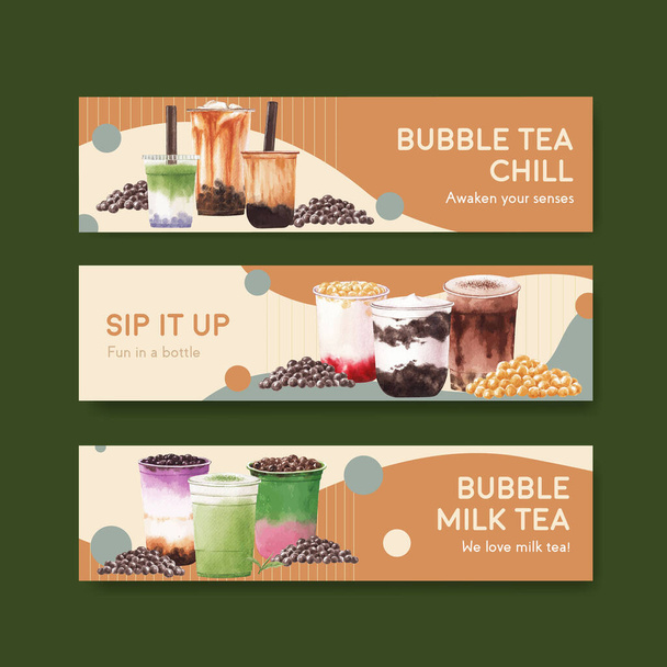 Modello di banner con bolla latte tè concept design per pubblicizzare e illustrazione vettoriale acquerello commerciale - Vettoriali, immagini