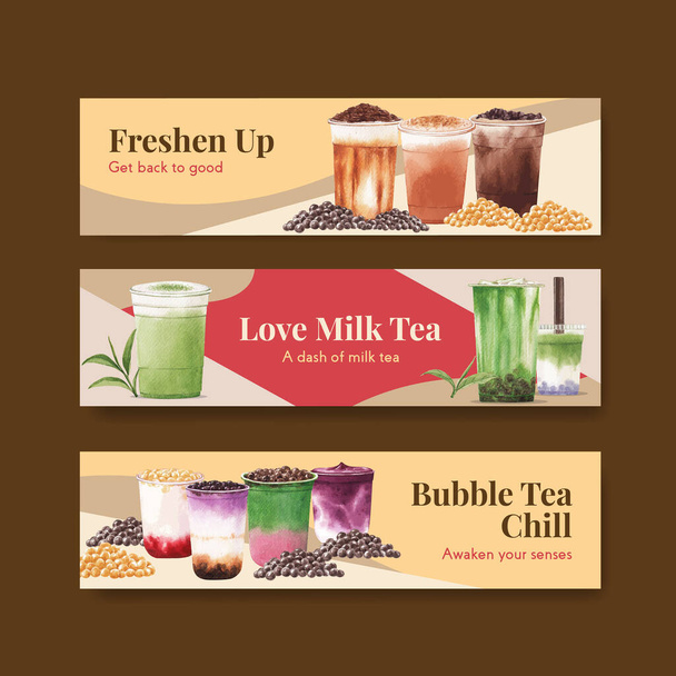 Banner template with bubble milk tea concept design for advertise and commercial watercolor vector illustration - Vector, Image