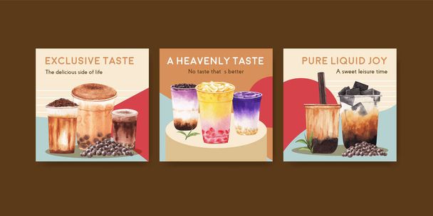 Ticari ve pazarlama suluboya vektör çizimi için balonlu süt çayı konsepti tasarımı ile reklam şablonu - Vektör, Görsel