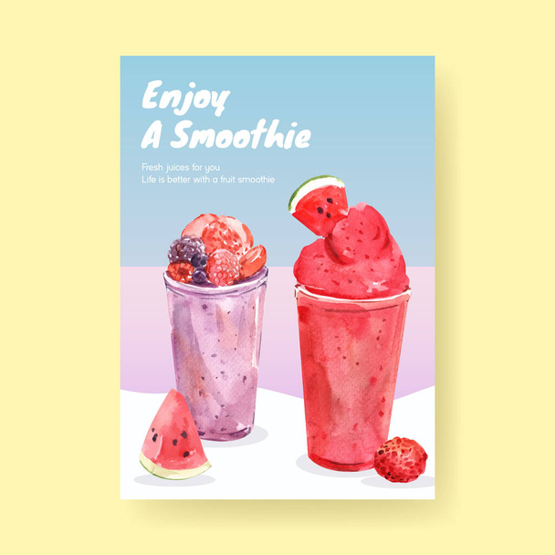 Poster template with fruits smoothies concept design for advertise and commercial watercolor vector illustratio - Vector, Image