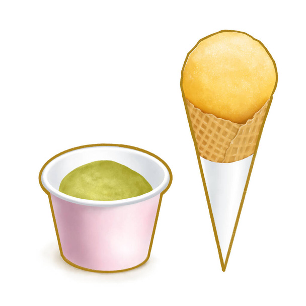 Cyfrowy obraz pysznej zielonej herbaty łyżka lodów w papierowej filiżance i mango rożka wafel, mrożony deser żywności izometryczna ikona rastrowa ilustracja na białym tle. - Zdjęcie, obraz