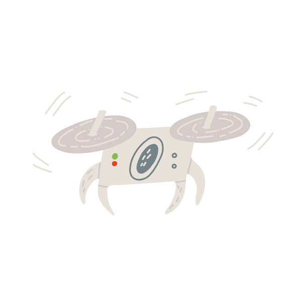 A cute hand-drawn remotely piloted aircraft mid-flight, quadcopter drone. Vector isolated illustration. - Wektor, obraz