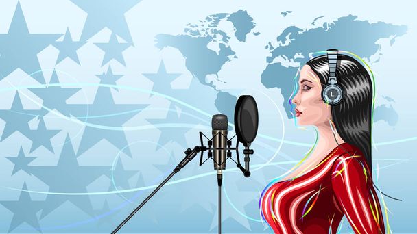 singer woman in a tight latex suit at the microphone - Vector, Image