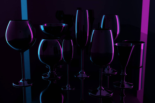 3D-Illustrationen von Gläsern für Champagner, Whiskey, Cognac. Weingläser für Alkohol auf schwarzem Hintergrund unter Neonlicht - Foto, Bild