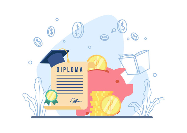 Scholarship concept. piggy bank and stack of coins. saving money, investment in knowledge icon. suitable for landing page, mobile app, sticker, poster, flyer, article, and banner. vector illustration - Vector, Image