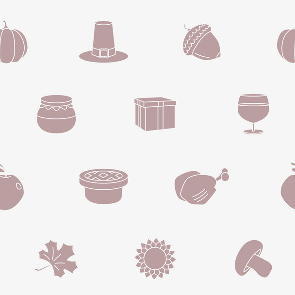 Thanksgiving day - Vector background (seamless pattern) of silhouettes pumpkin, turkey, apple, pie, hat, wine and honey for graphic design - Vektör, Görsel