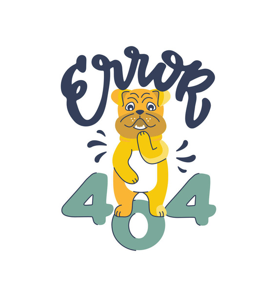 Ο αστείος γυμνός σκύλος καλύπτει τον εαυτό του. Γελοιογραφία μπουλντόγκ και μια φράση με γράμματα - Error 404 - Διάνυσμα, εικόνα