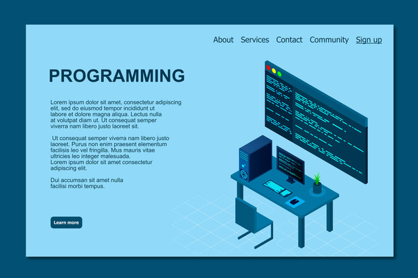 Programmering of Software ontwikkeling web pagina template. Vector illustratie met laptop isometrische weergave en programmacode op het scherm. Programmeringsconcept. vectorillustratie - Vector, afbeelding