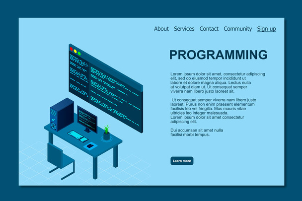 Programlama veya Yazılım Geliştirme web sayfası şablonu. Dizüstü izometrik görüntülü vektör illüstrasyonu ve ekranda program kodu. Programlama kavramı. vektör illüstrasyonu - Vektör, Görsel