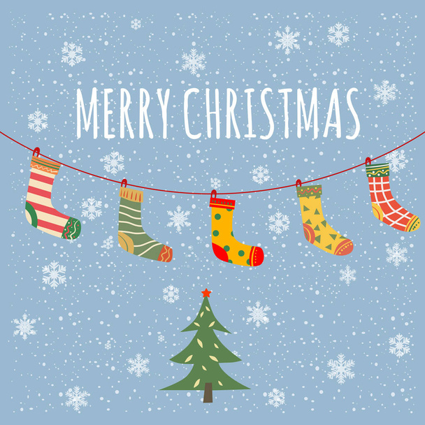 Vánoční ponožky visí, s jiným designem. Tradiční vinobraní dekorace sněhové vločky pozadí, baner, ilustrace, vektor, karta, plakát, banner - Vektor, obrázek