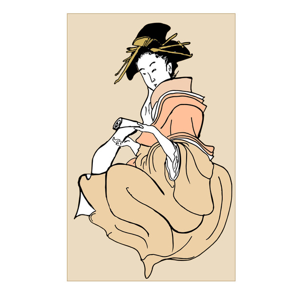 Ιαπωνική γκέισα κορίτσι και ανατολίτικη τέχνη, εικονογράφηση σε στυλ της παραδοσιακής παλιάς ιαπωνικής χαρακτικής. Ιαπωνία παραδοσιακή κουλτούρα. Vintage paiting, θηλυκό σε κιμονό. - Διάνυσμα, εικόνα