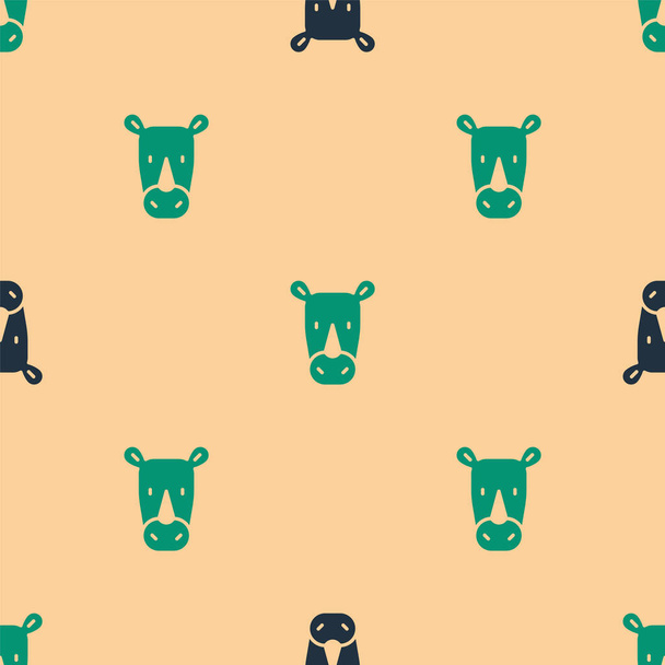 Icono de rinoceronte verde y negro aislado patrón sin costuras sobre fondo beige. Símbolo animal. Vector. - Vector, imagen